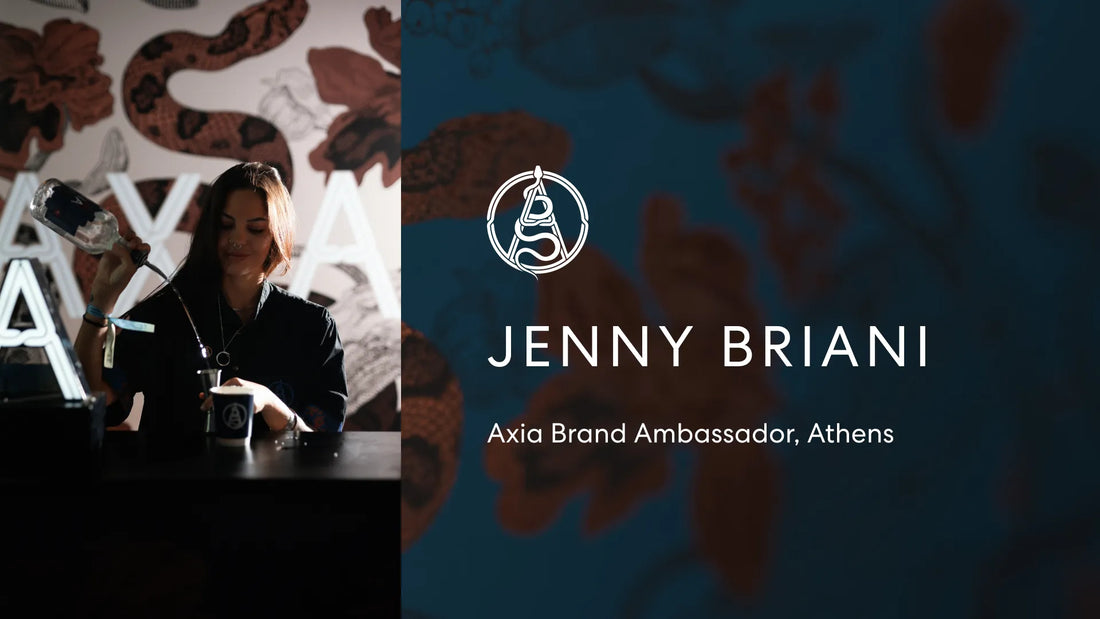 Portrait of Jenny Briani, Axia Brand Ambassor in Athens, with the Axia Spirit logo