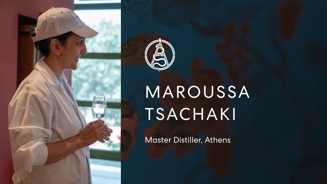 Portrait of Maroussa Tsachaki from Master Distiller in Athens with the Axia Spirit logo