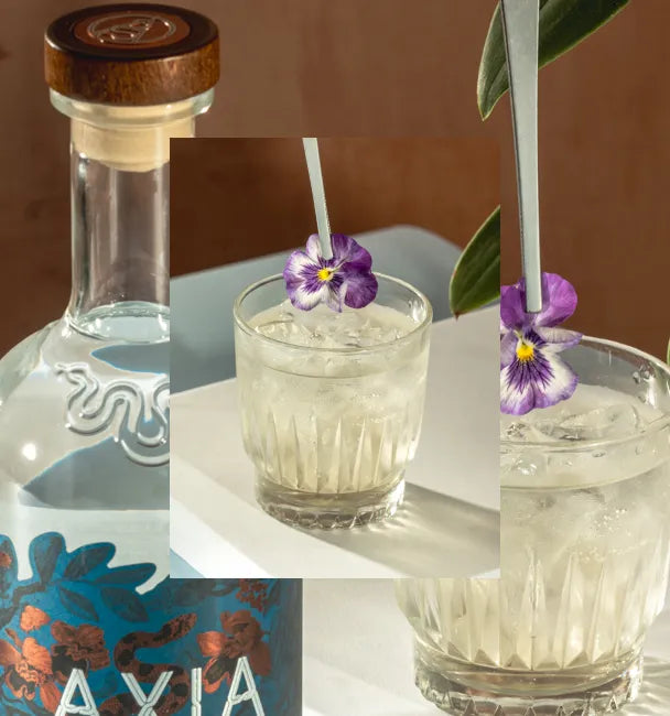 Axia Greek Mastiha Spirit x Gaucho Peach Wine Aristaeus Cocktail on a table with an Axia Spirit bottle next to it and someone adding a flower to the drink with a secondary close-up picture in the background of another Aristaeus cocktail