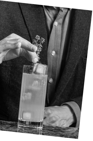 Black and white picture of an Axia and South Lodge Mediterranean Mule Cocktail