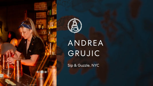 Portrait of Andrea Grujic from Sip and Guzzle in New York with the Axia Spirit logo