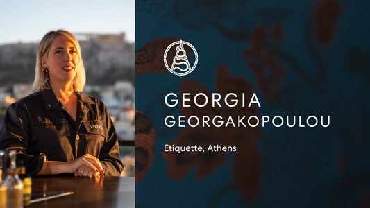 Portrait of Georgia Georgakopoulou from Etiquette in Athens with the Axia Spirit logo