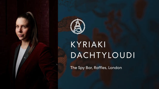 Portrait of Kyriaki Dachtyloudi from The Spy Bar, Raffles, in London with the Axia Spirit logo