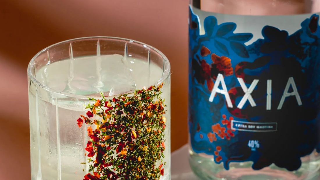 Close-up of Axia Mastiha Spirit and a cocktail glass