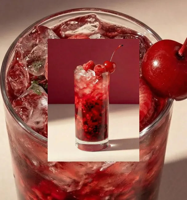 Axia Greek Mastiha Spirit Bramble Cocktail with ice, raspberries, and a cherry on a red background with a secondary picture in the background of another Bramble cocktail