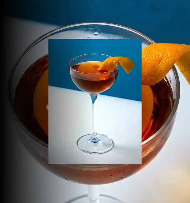 Axia Greek Mastiha Spirit Classic Cocktail with orange peel on a blue background with a secondary picture in the background of another Classic cocktail