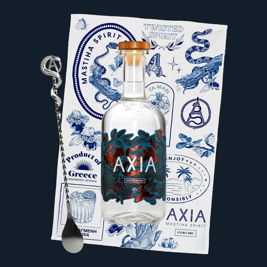Axia Greek Mastiha Spirit Bundle with Mastiha Spirit, Cocktail Stirrer and Bar Towel on blue background