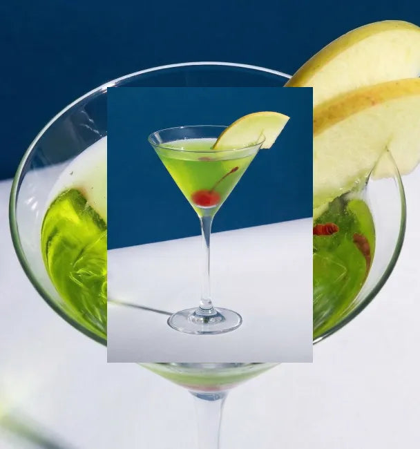 Axia Greek Mastiha Spirit Japanese Slipper Cocktail with ice, a cherry and a melon wedge on a blue background with a secondary picture in the background of another Japanese Slipper cocktail