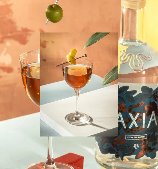 Axia Greek Mastiha Spirit x Gaucho Sweet Vermouth Narcissus Cocktail on a counter with an Axia Spirit bottle next to it and someone holding an olive with a secondary close-up picture in the background of another Narcissus cocktail