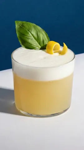 Axia Greek Mastiha Spirit Sour Cocktail with foam, basil leaf and lemon peel on a blue background