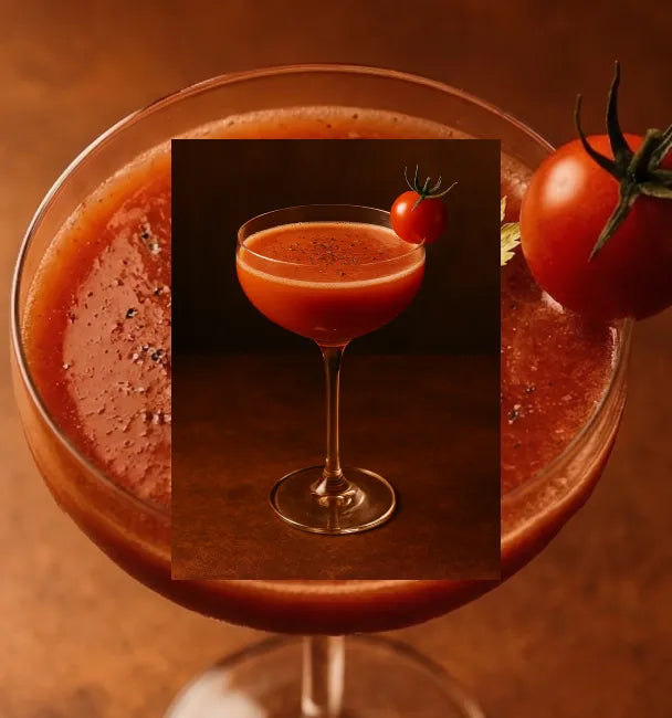 Axia Greek Mastiha Spirit Tomatini Cocktail with a cherry tomato on a dark red background with a secondary picture in the background of another Tomatini cocktail