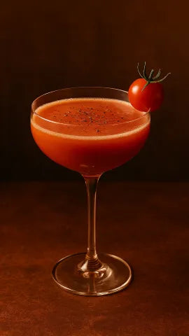 Axia Greek Mastiha Spirit Tomatini Cocktail with a cherry tomato on a dark red background