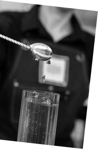 Black and white picture of an Axia Mastiha Spirit and London Essence Raspberry and Rose Soda with rose water and petals cocktail