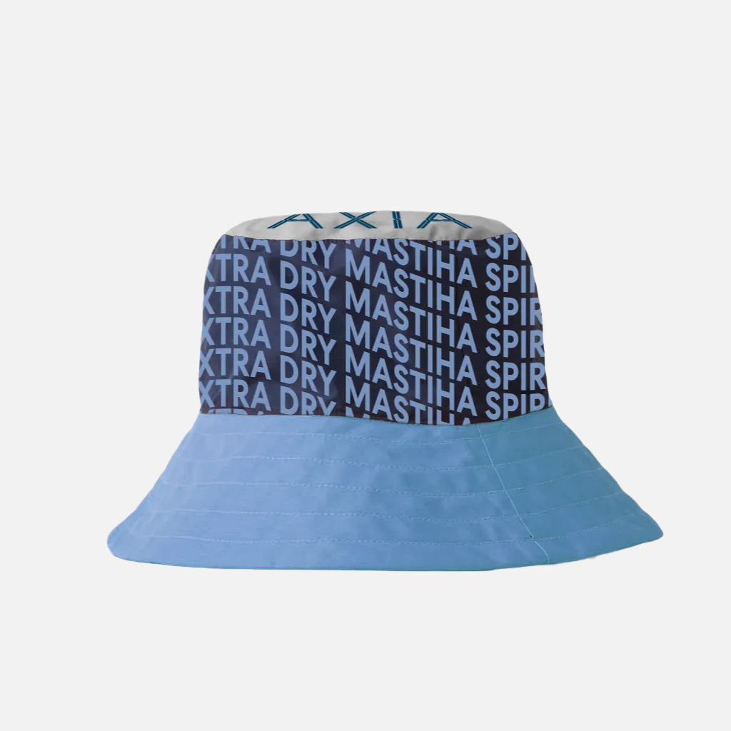 Axia Bucket Hat in different shades of Axia blue and written Extra Dry Mastiha Spirit on it multiple times