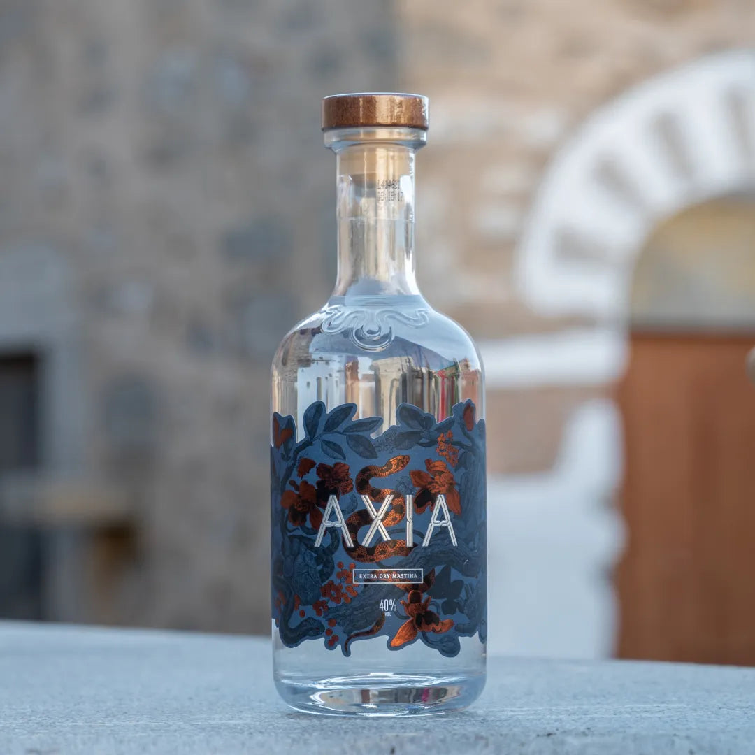 Close-up of a bottle of Axia Spirit outdoors